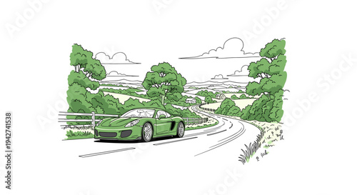 Green sports car on country road in scenic landscape drawing