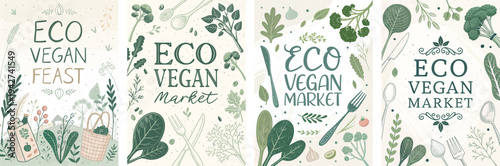 A collection of eco-friendly vegan market designs featuring greenery.