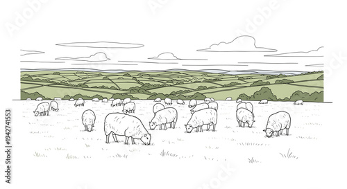 Peaceful pastoral scene with sheep grazing on rolling hills under a cloudy sky