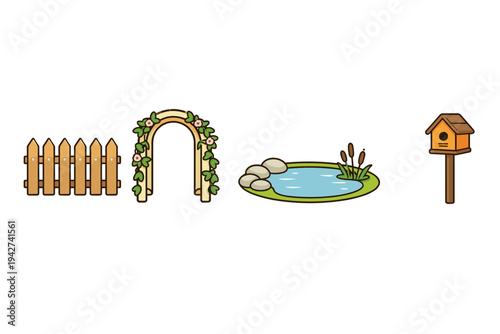 Set of cute garden icons with wooden fence, flower arch trellis, small pond with stones and reeds, and birdhouse on post in cartoon style