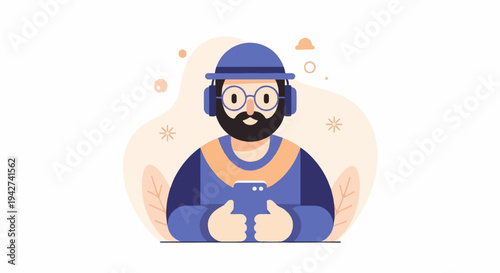 Bearded man in hat and headphones looking at phone