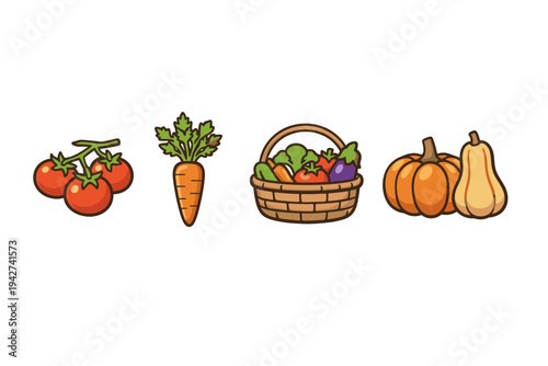 Illustrated assortment of fresh garden produce with tomatoes, carrot, basket of vegetables, and autumn squash and gourd icons on white background