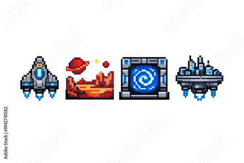 Pixel art sci-fi game icons featuring a rocket spaceship, alien desert planet scene, glowing portal tile, and hovering futuristic platform on white