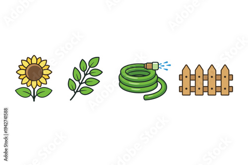 Minimal garden icon set showing sunflower, leafy sprig, coiled watering hose with spray nozzle, and wooden picket fence on white background