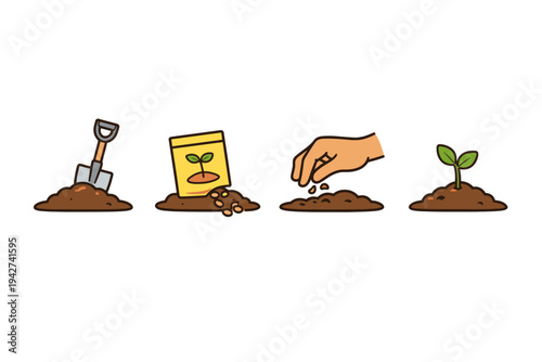 Step-by-step planting process illustration showing shovel, seed packet, hand sowing seeds into soil, and a sprouting seedling growth stage