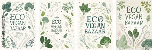 Eco Vegan Bazaar promotional posters with hand-drawn vegetables and herbs.