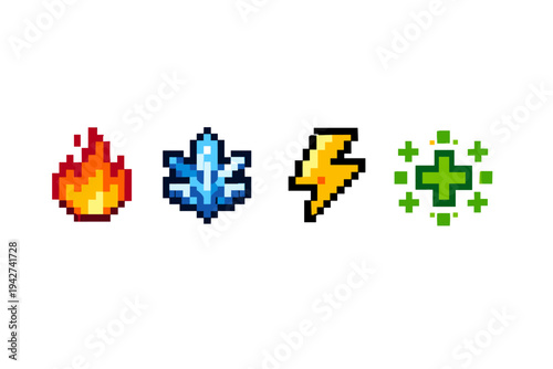 Set of pixel art elemental game icons showing fire flame, icy crystal, electric lightning bolt, and green healing cross power-up symbols on white