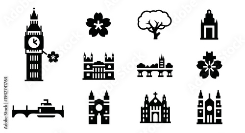 Icon set featuring monuments and floral designs in bold silhouette style