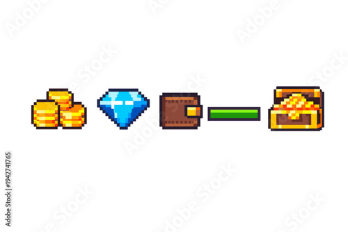 Pixel art game currency conversion icons showing stacked gold coins, a blue gem, a brown wallet, a green progress bar, and a treasure chest reward