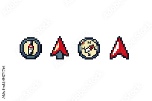 Pixel art set of navigation icons featuring compasses and directional arrows, retro 8-bit style interface symbols isolated on a white background