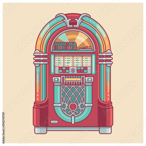 Jukebox Illustration Showcasing Vibrant Retro Design and Classic Details