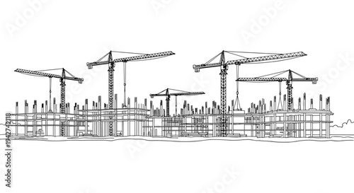 Modern construction and cranes: detailed linear design of building site