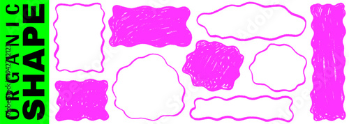 Lively shape and rectangle form a frame, organic and wavy accents near square, doodle border and crayon strokes animate shape and rectangle frame.