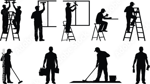 Group of blue collar workers silhouettes performing maintenance installation and cleaning tasks on white background for industrial business concepts