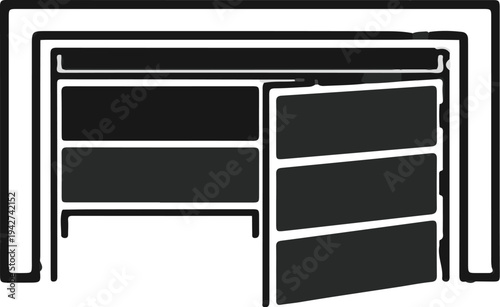 Abstract minimalist representation of an open garage door with compartments