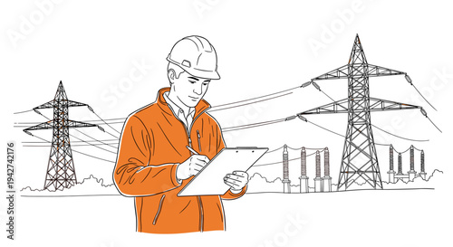 Engineer inspecting energy grid in modern outline style