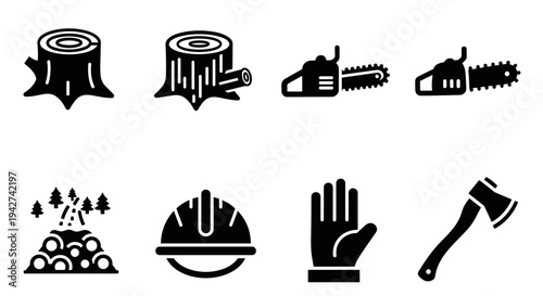 Lumberjack icons set: chainsaw, axe, tree stump, safety helmet, and log illustrations
