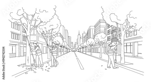 Urban park landscape with workers pruning trees on city street in linear style