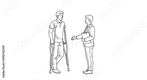 Businessman interacting with colleague on crutches - black and white line art