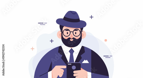 Bearded man in hat and suit using smartphone with abstract background elements