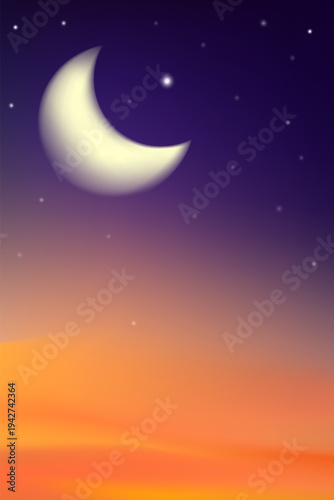 Night Ramadan Sky background,Glowing crescent moon,Stars on Sunset gradient blue,purple,orange,yellow dusk sky.Islamic Mubarak celebration for Ramadan month Eid al Adha, Eid al fitr greeting design