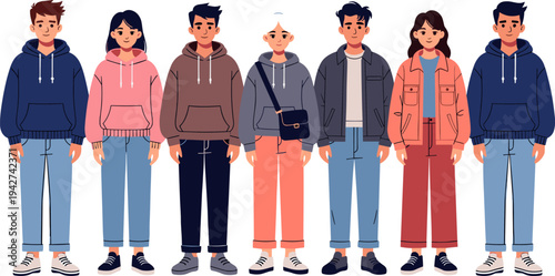 Diverse group of smiling young college students wearing casual hoodies and jackets standing together in a row, flat vector illustration