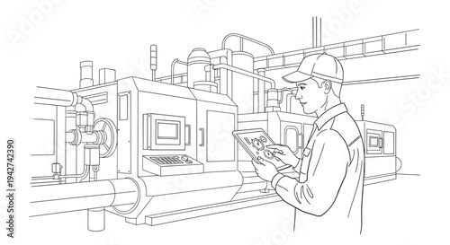 Factory worker managing machinery with tablet in linear style