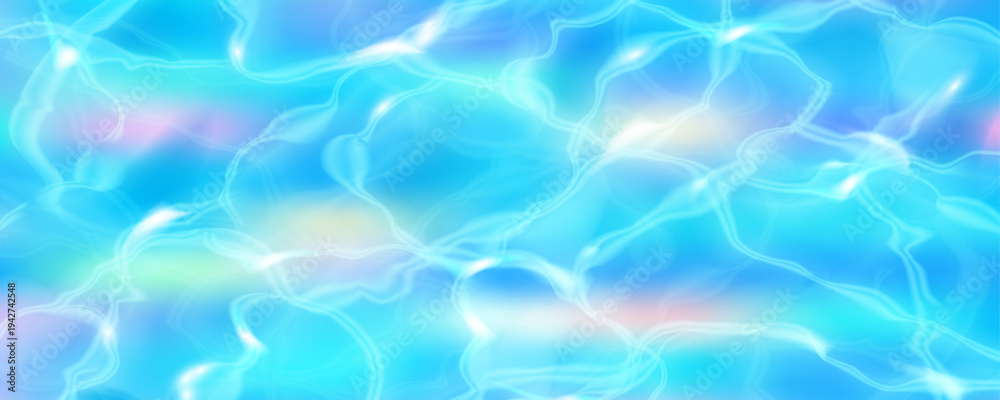 Obraz premium Abstract holographic background with iridescent wave gradient. Pastel blue and rainbow chrome texture creates fluid pearlescent light effect for modern design. Vector illustration.