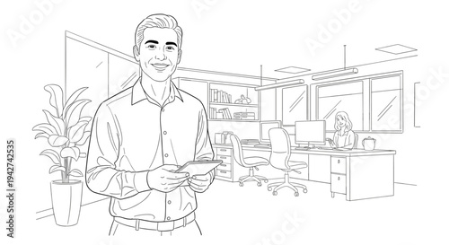 Business professional smiling in modern office environment with colleague working at desk