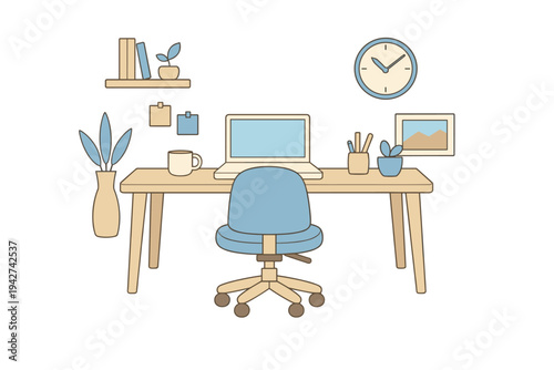 Minimalist home office workspace illustration with desk, laptop, ergonomic chair, wall clock, shelves, books, plants, and stationery decor