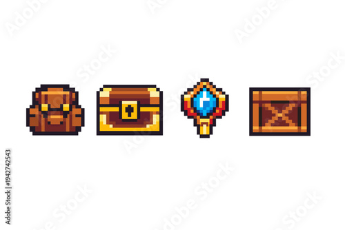 Pixel art game inventory icons featuring a leather bag, locked treasure chest, glowing magic wand with blue gem, and wooden crate in retro style