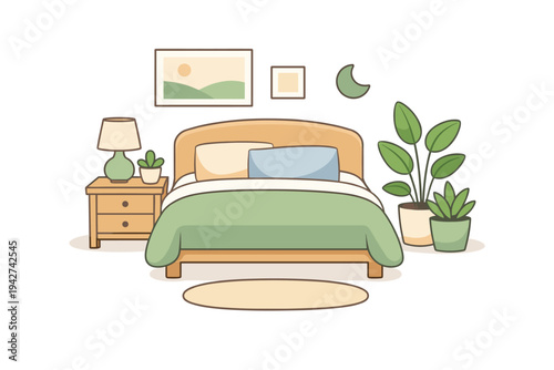 Minimalist bedroom interior illustration with cozy bed, green bedding, nightstand lamp, framed wall art, indoor plants, and soft rug in calm tones