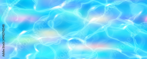 Abstract holographic background with iridescent wave gradient. Pastel blue and rainbow chrome texture creates fluid pearlescent light effect for modern design. Vector illustration.