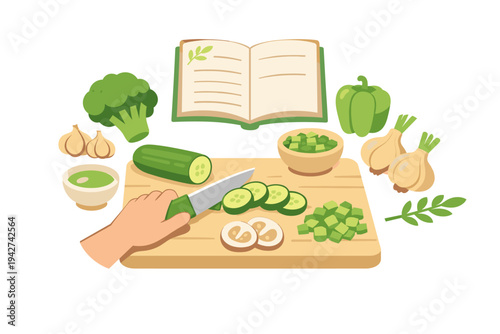 Hand slicing cucumber and mushrooms on a cutting board with vegetables, garlic, herbs, and an open cookbook for healthy home cooking prep