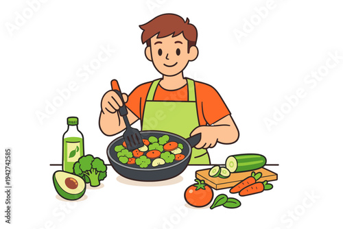 Smiling home cook stirring a pan of mixed vegetables with spatula, surrounded by fresh ingredients like avocado, broccoli, carrots, tomatoes, and oil