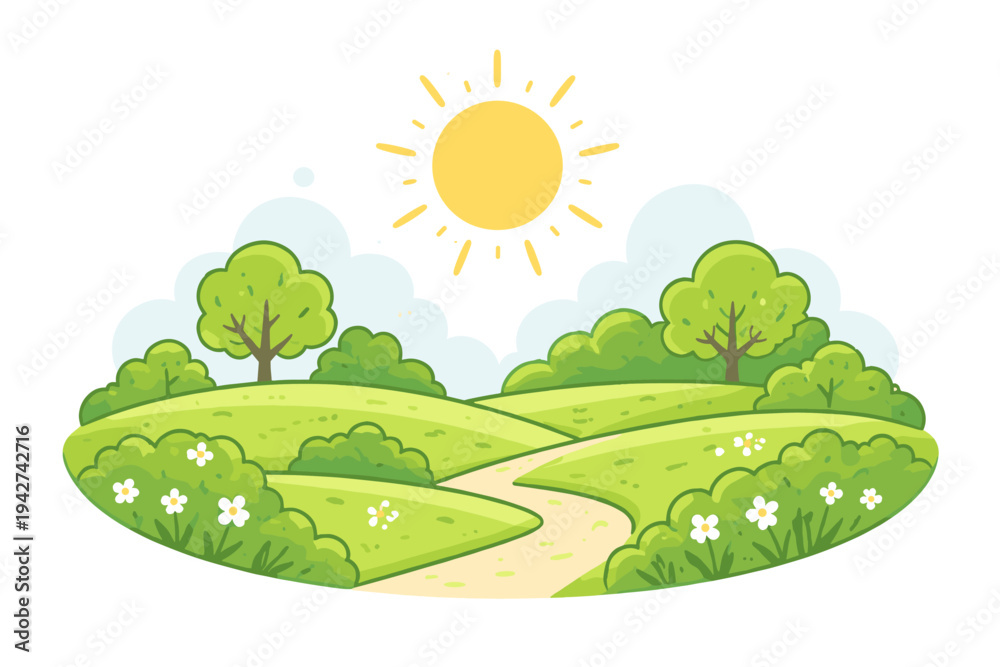 Obraz premium Bright sunny countryside landscape illustration with winding path through green hills, trees, bushes, wildflowers, and soft clouds in blue sky