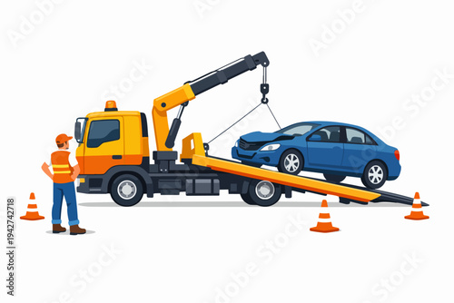 Tow truck worker recovering crashed car at roadside