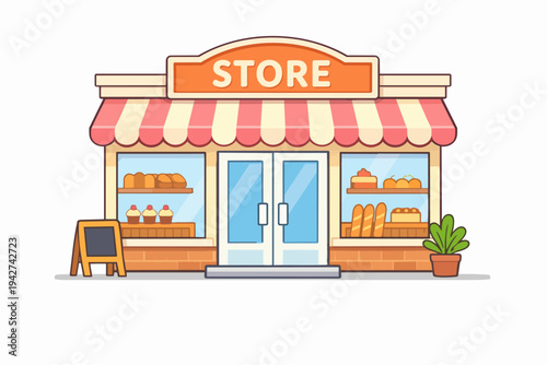 Bakery store with awning and baked goods in windows