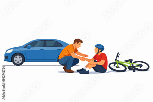 Person helping injured bicyclist after car collision