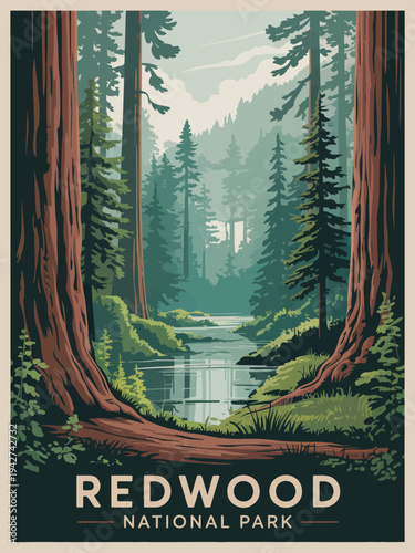 Redwood National Park Poster, California Giant Sequoia Forest Tall Trees Scenic Nature Landscape Vintage Retro Travel Illustration Artwork