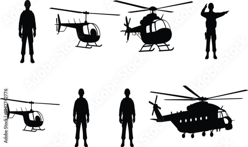 Military Soldier Silhouettes and Helicopter Vector Set for Design and Action Projects