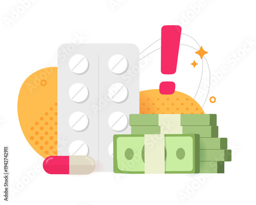 Medicine pills cost expense icon vector concept modern design, medication drugs pharmacy healthcare price expensive money, pharmaceutical treatment high billing image clip art
