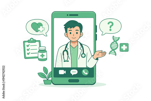 Telemedicine consultation on smartphone with doctor illustration, online healthcare advice, medical chat, prescription support, and remote diagnosis icons