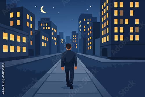 Man walking through an empty city street at night