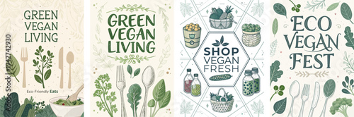 Creative vegan-themed illustrations promoting eco-friendly living.