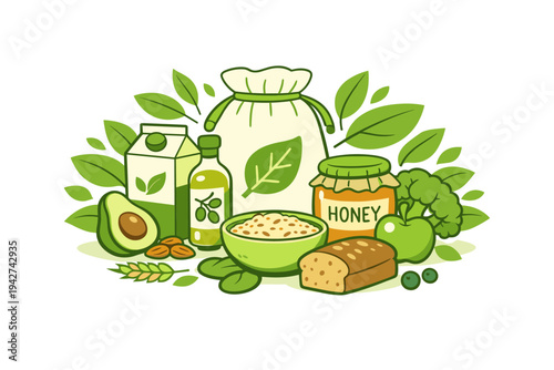 Illustration of healthy organic foods with honey jar, avocado, vegetables, bread, grains, and plant-based ingredients surrounded by green leaves