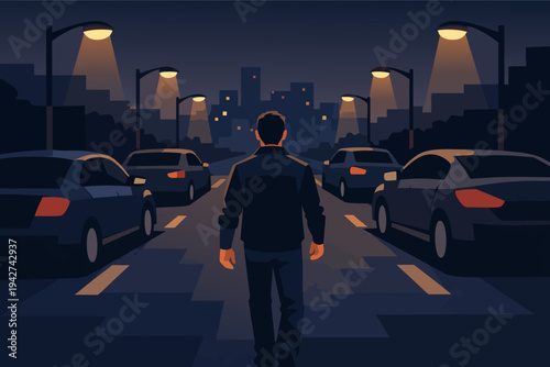 Man walking urban street at night feeling solitude