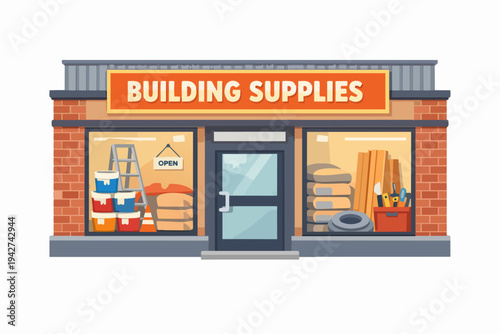 Building supplies store exterior displaying construction materials and tools