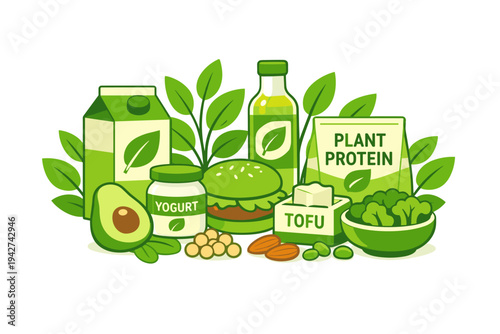 Illustration of healthy plant-based protein foods with tofu, yogurt, avocado, nuts, seeds, greens, and oil in a green eco nutrition concept