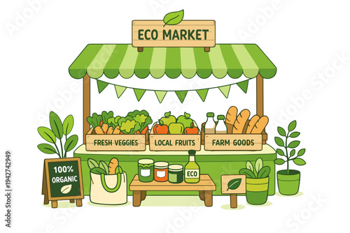 Illustrated eco market stall selling organic vegetables, local fruits, and farm goods under a green awning with plants, signage, and reusable shopping bag